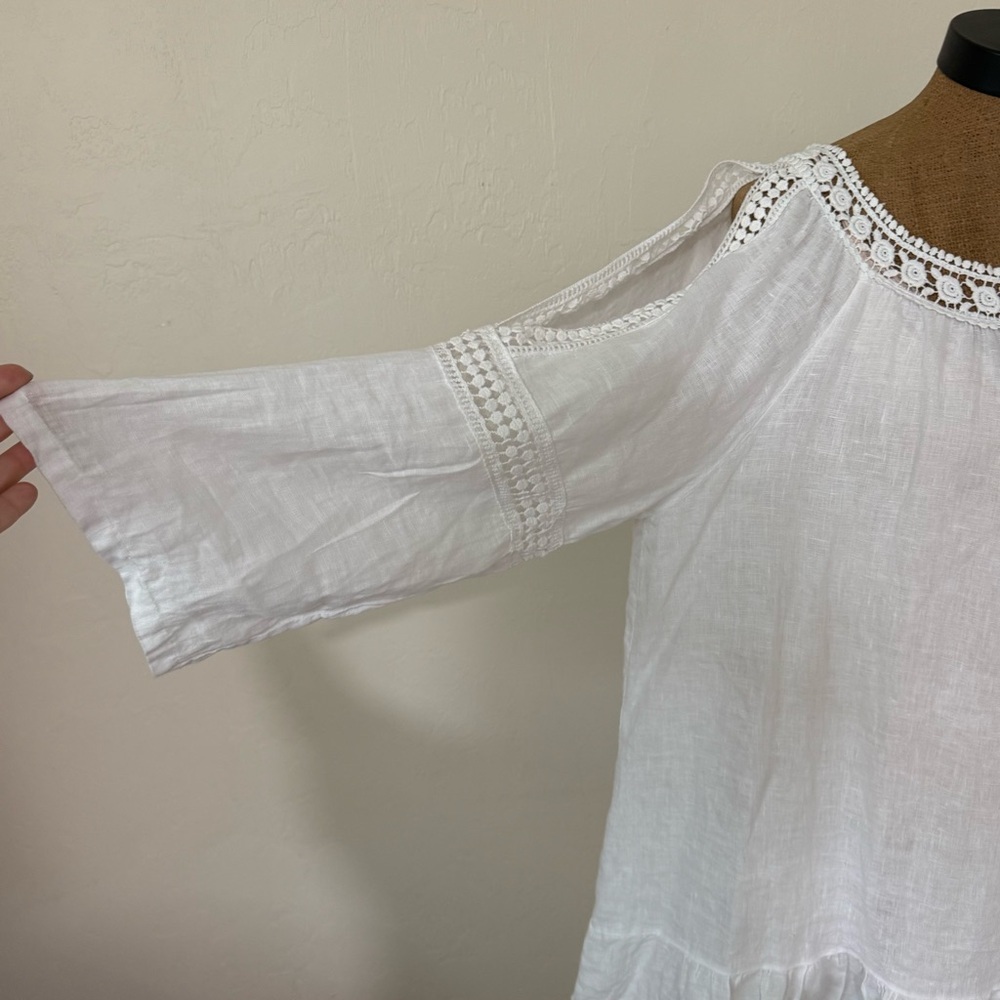Saks Fifth Avenue 100% Linen white long-sleeve peasant-style blouse lace trim XL - Picture 3 of 7